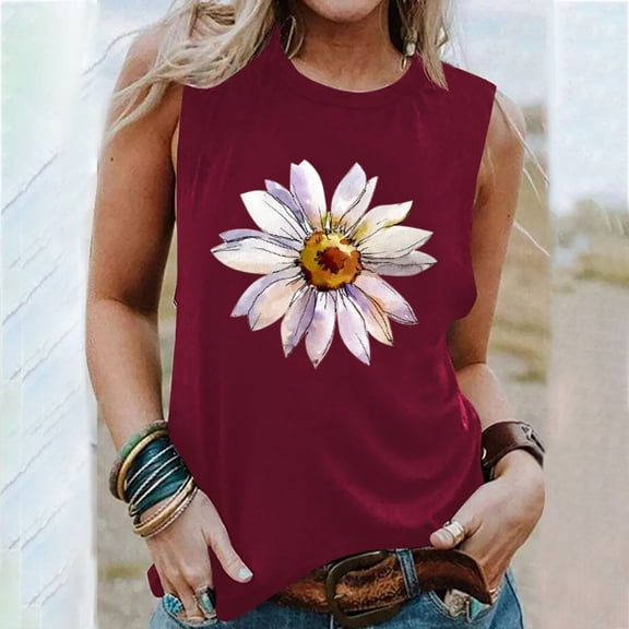 Fznquz Crew Neck Basic Tops for Women Sunflower Sleeveless Red Boho Casual Plus Size Loose Junior Tank Tops Under 10