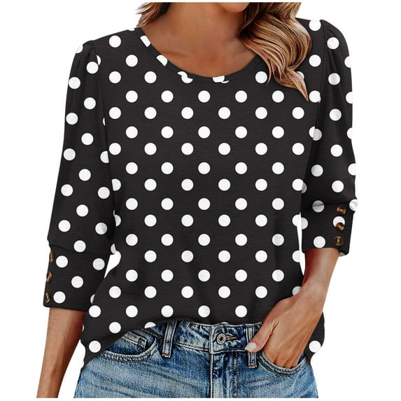 Fznquz Crew Neck Fall Shirts for Women 2025 3/4 Sleeve Black Blouse Dressy Casual Polka Dot Women's Winter Fashion,XL