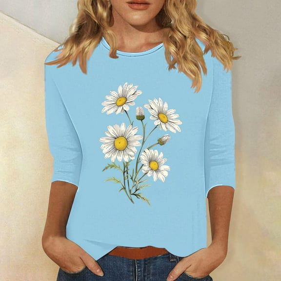 Fznquz Crew Neck Oversized Tshirts for Women 3/4 Sleeve Blue Floral Tees Soft Spring Summer Casual Womens Tops XL