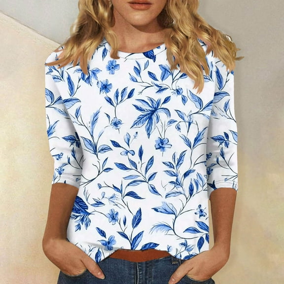 Fznquz Crew Neck Plus Size Shirts for Women Trendy 3/4 Sleeve Shirt Casual Loose Fit Spring Fall Women's Fashion XL
