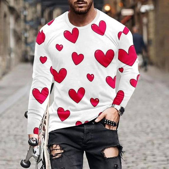 Fznquz Crew Neck T Shirt Men Red Valentines Day Long Sleeve Tshirt Heart Graphic Soft Trendy Men Fashion