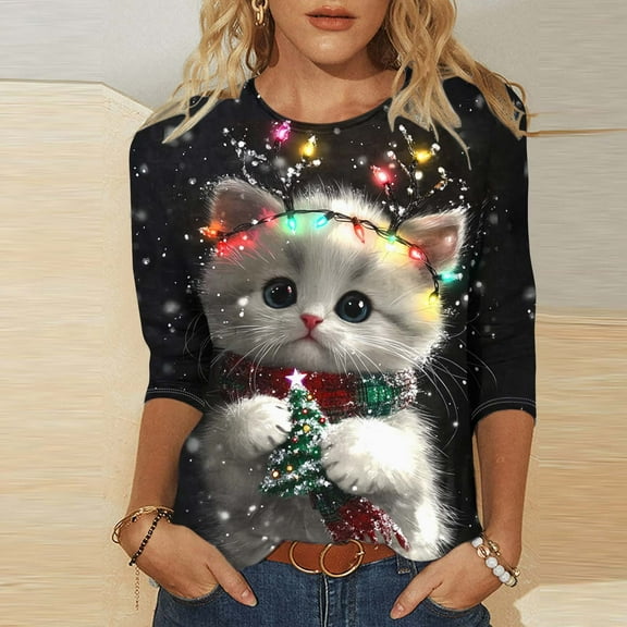 Fznquz Crew Neck Tees for Women Loose Fit Tees 3/4 Sleeve Cute Graphic Cat Winter Clothing,L