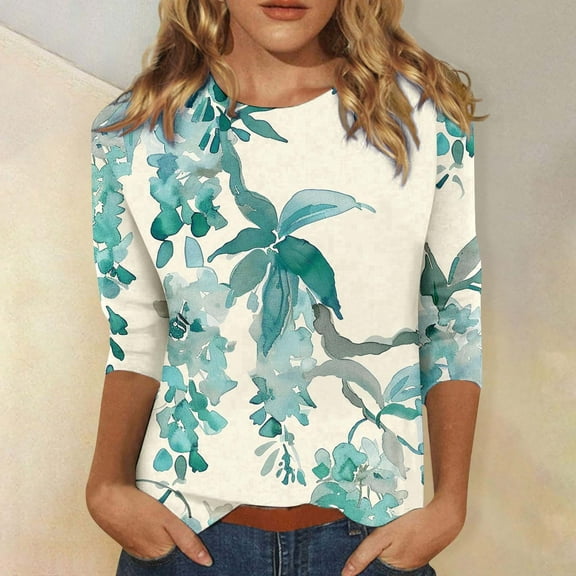 Fznquz Crew Neck Women's T Shirts Blue Graphic 3/4 Length Sleeve Tee Floral 2025 Casual Tees,L
