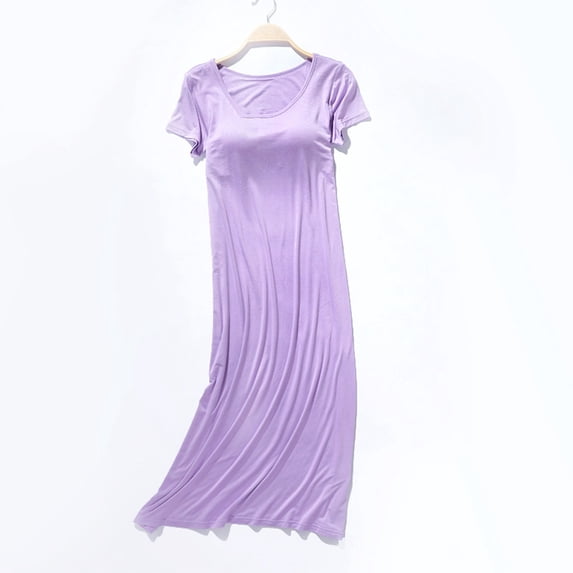Fznquz Crew Neck Womens Nightgown Plain Short Sleeve House Dress Soft Purple Loose Night Shirts with Built in Bra
