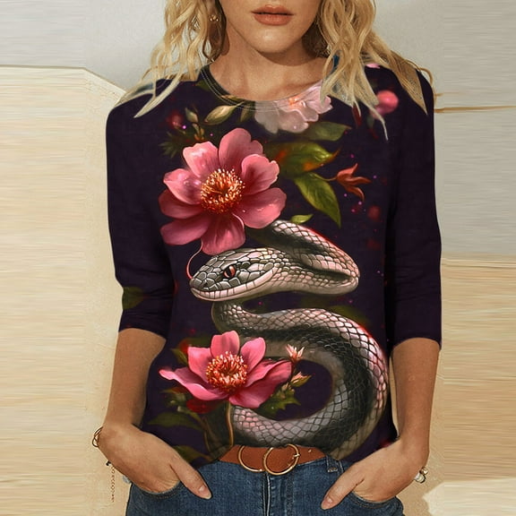 Fznquz Crew Neck Womens Shirts Black Graphic 2025 Shirts Snake Print Casual 3/4 Length Sleeve Women's Fall Fashion,XL
