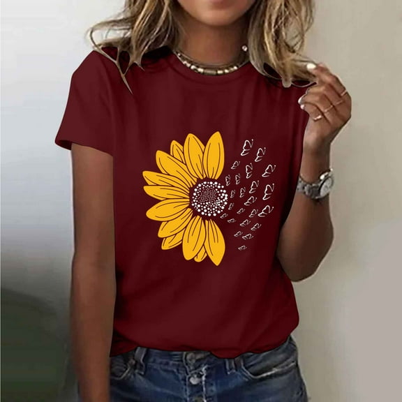 Fznquz Crew Neck Womens Tops 2025 Short Sleeve Shirts Casual Graphic Print Red Summer Womens Blouse