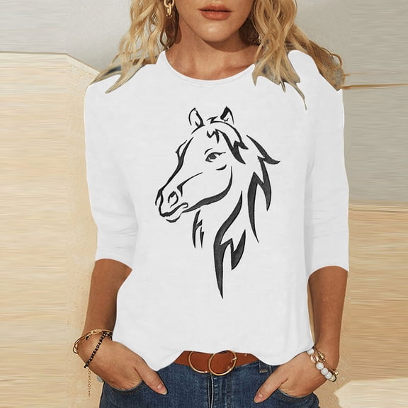 Fznquz Crewneck 3/4 Length Sleeve Womens Tops White Casual Tee Fall Trendy Animal Print Tops,XL