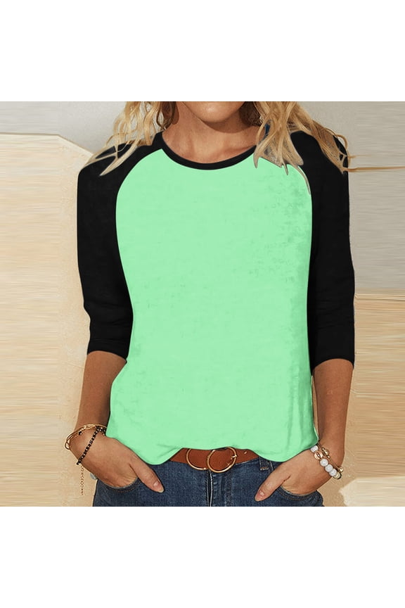 Crewneck 3/4 Sleeve Blouses for Women Green Casual Blouse Raglan Color Block 2025 Winter Fashion,L