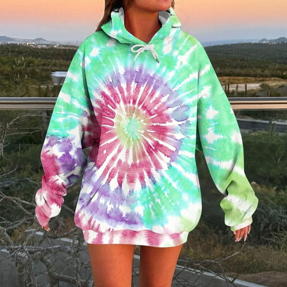 Fznquz Crewneck Blouses for Women Hooded Tie Dye Green Sweatshirt Pocket Graphic Fall Women's Clothing