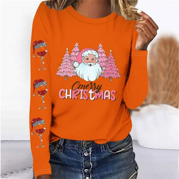 Fznquz Crewneck Ladies Tops Long Sleeve Christmas Orange T Shirt Trendy Casual 2025 T Shirts for Women