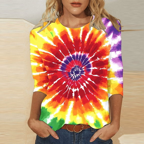 Fznquz Crewneck Oversized Shirts for Women 3/4 Sleeve Tie Dye Tee Loose Fit Casual Rainbow Tops for Women XXXL