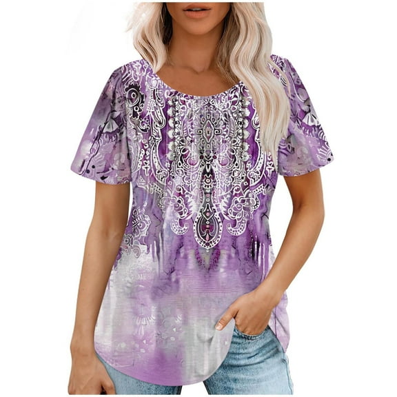 Fznquz Crewneck Shirts for Women Short Sleeve Floral T Shirt Tunic Casual Trendy Plus Size Ladies Blouses