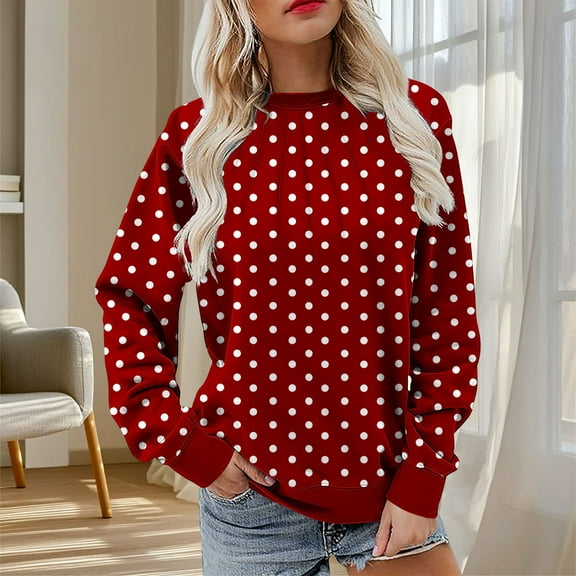 Fznquz Crewneck Sweatshirt Women Trendy Pullover Sweatshirt Red Polka Dot Long Sleeve Pleated Shirts