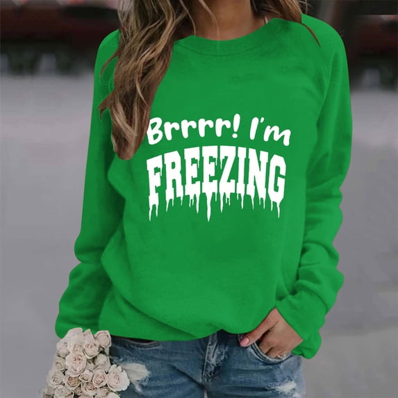 Fznquz Crewneck Sweatshirts Women Green Long Sleeve Fall Winter Pullover Tops Letters Print Trendy Casual Outfits