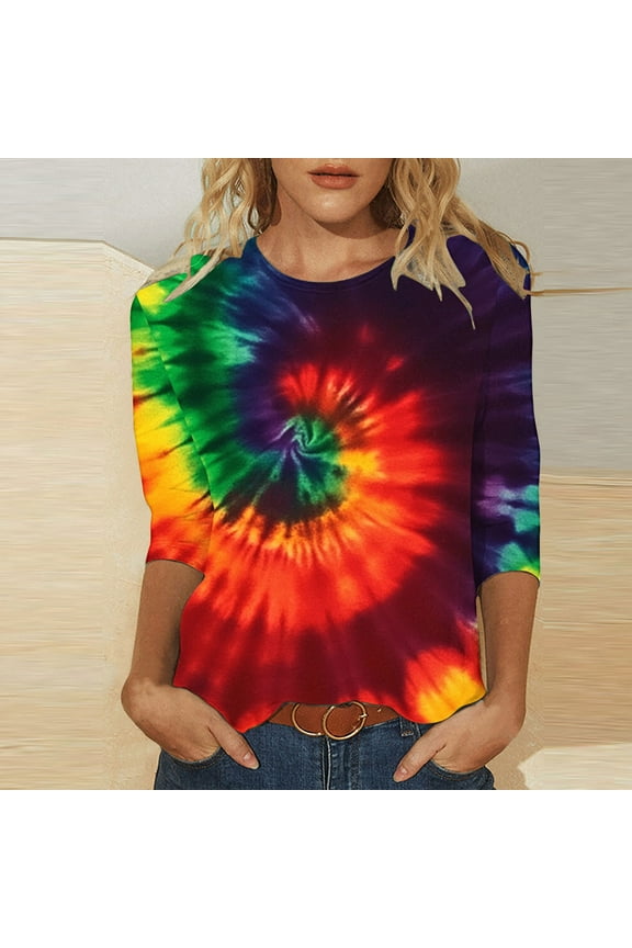 Crewneck Women Blouses 3/4 Sleeve Tie Dye Tee Casual Tie Dye Rainbow Womens Clothes XL
