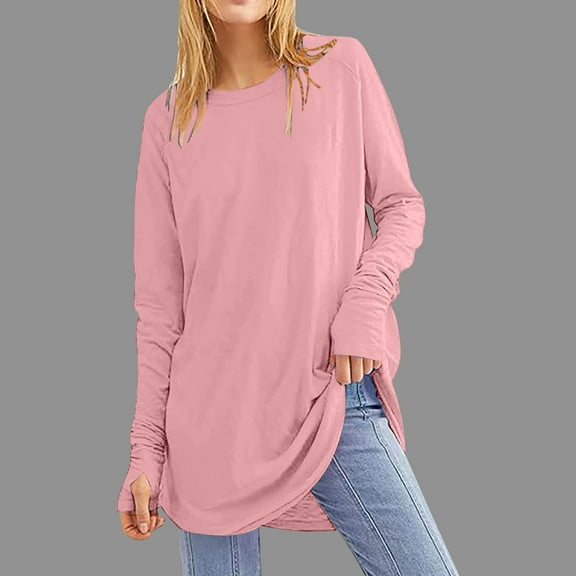 Fznquz Crewneck Women Blouses Dressy Casual Tunic Pink Plain Tee Shirts Long Sleeve Solid Women's Clothing
