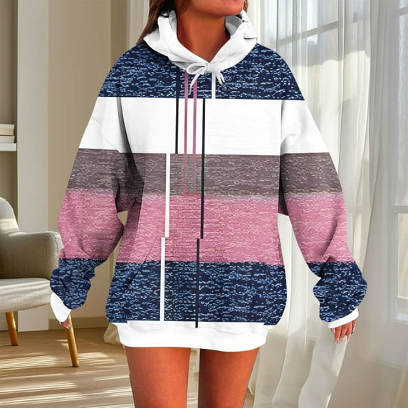Fznquz Crewneck Women’S Tops Striped Fall Winter Hoodies Drawstring Color Block Pink Trendy Womens Fashion