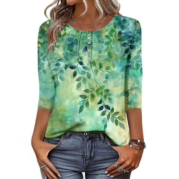 Fznquz Crewneck Women T Shirt Graphic Green 3/4 Length Sleeve T Shirt Casual 2025 Trendy Winter Fashion,M