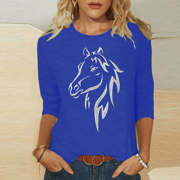 Fznquz Crewneck Women's T Shirts Blue Casual 3/4 Length Sleeve Tops Trendy Fall Animal Print Fashion,S