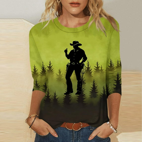 Fznquz Crewneck Women's Tee Shirts Green Casual Western Tee Graphic 3/4 Sleeve 2025 Shirt,S