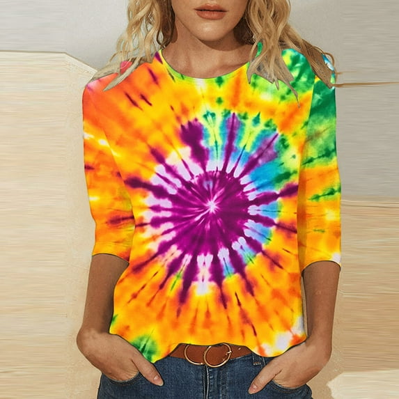 Fznquz Crewneck Womens Tshirts 3/4 Sleeve Tie Dye Tee Casual Rainbow Loose Fit Tops Women XXL