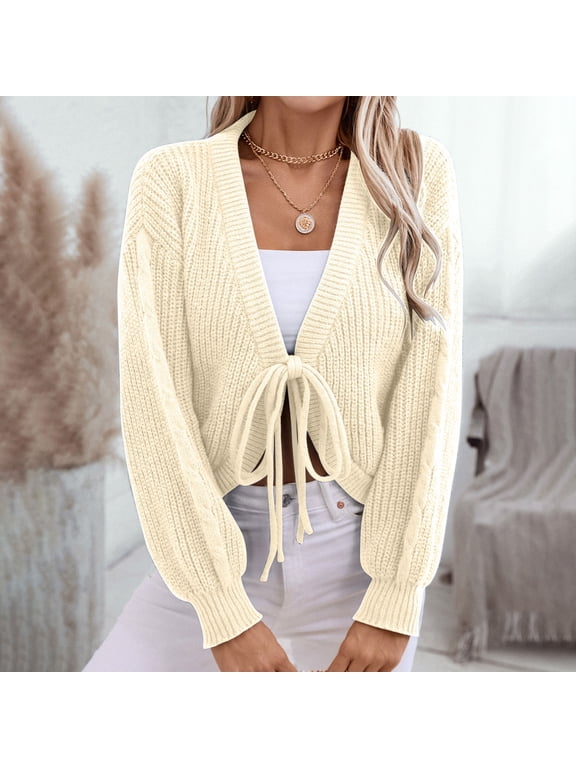 Crochet Women Sweaters Knit Beige Tie Front Cardigan Soft Casual Hollow Out Blouse