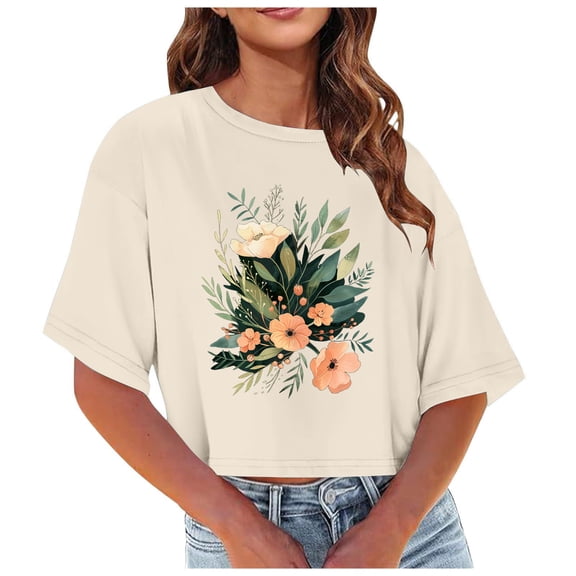 Fznquz Crop Womens Tops Summer Short Sleeve Casual Beige T Shirts Sexy Floral Crew Neck Blouses for Women Under $10