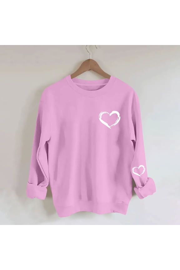Cute Lightweight Sweatshirts for Women Valentine's Day Crewneck Sweatshirt Trendy Oversized Love Heart Print Pink Pullover L