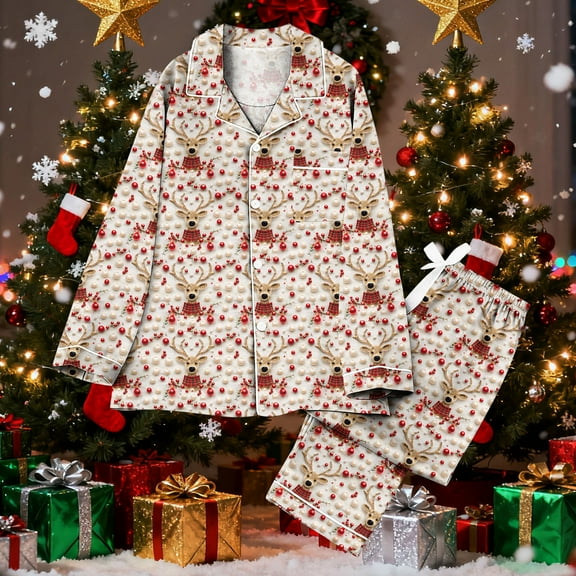 Fznquz Cute Pajamas for Women Button Down Christmas Cozy Lounge Xmas Print 2025 Long Sleeve 2 Piece Lounge Set Women