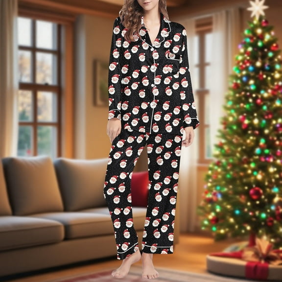 Fznquz Cute Plus Size Pajamas for Women Button Up 2 Piece Sleepwear Long Sleeve Tops Pants Lounge Sets