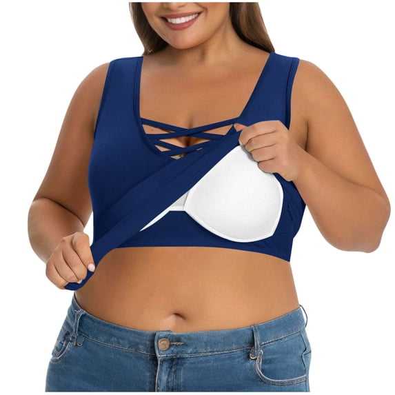 Fznquz Cute Plus Size Tank Tops for Women Summer Tops 2026 Plain Built In Bra Blue Tank Top