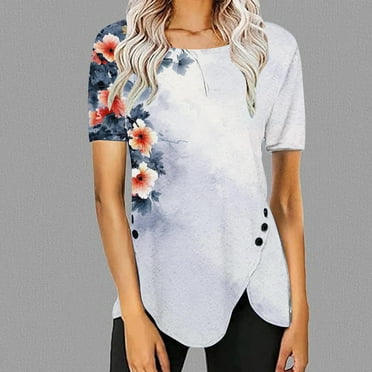 Fznquz Cute Summer Tops for Women Tunic Casual Short Sleeve Blue Shirt Summer Floral Crew Neck Ladies Blouses