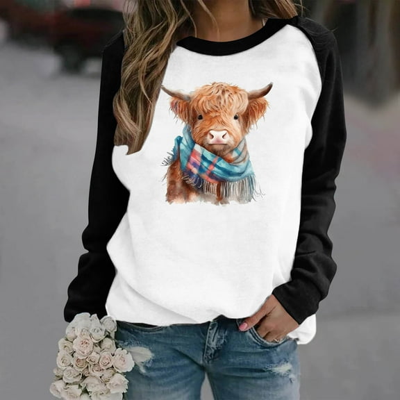 Fznquz Cute Sweatshirts Women Trendy Black Casual Fall Winter Sweatshirt Funny Animal Print Crewneck Long Sleeve Tops