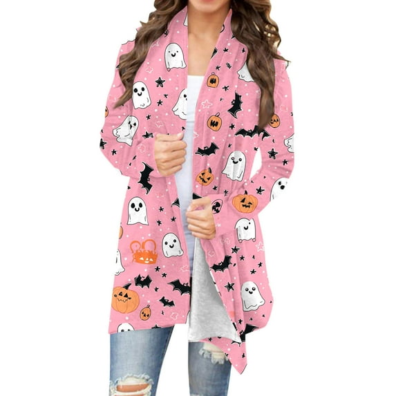 Fznquz Cute Women's Sweaters Halloween Long Sleeve Long Cardigan Casual 2025 Pink Trendy Jacket