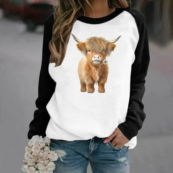 Fznquz Cute Womens Crewneck Sweatshirt Fall Winter Casual Black Sweatshirt Funny Animal Print Long Sleeve Winter Clothes