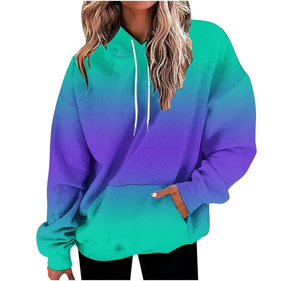 Fznquz Drawstring Plus Size Blouses for Curvy Women Hooded Crewneck Sweatshirt Gradient Long Sleeve Casual Pocket Women Tshirts
