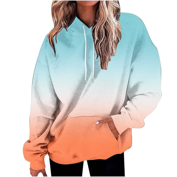 Fznquz Drawstring Work Blouses for Women Crewneck Hooded Sweatshirt Gradient Casual Long Sleeve Pocket Women Shirts