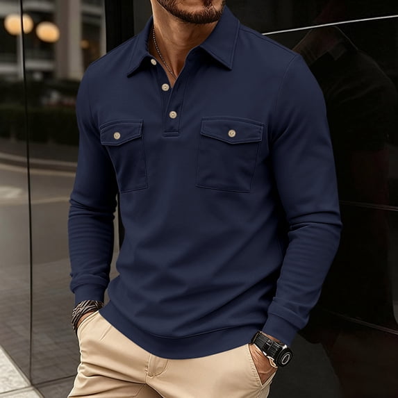 Fznquz Dress Mens Polo Big and Tall Slim Long Sleeve Blue Shirts 2025 Winter Pocket Button Mens Winter Clothes