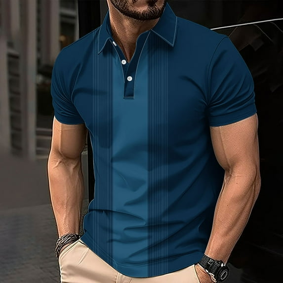 Fznquz Dress T Shirts for Man Striped Blue Polos Summer Casual Button T Shirts for Man XXXXL