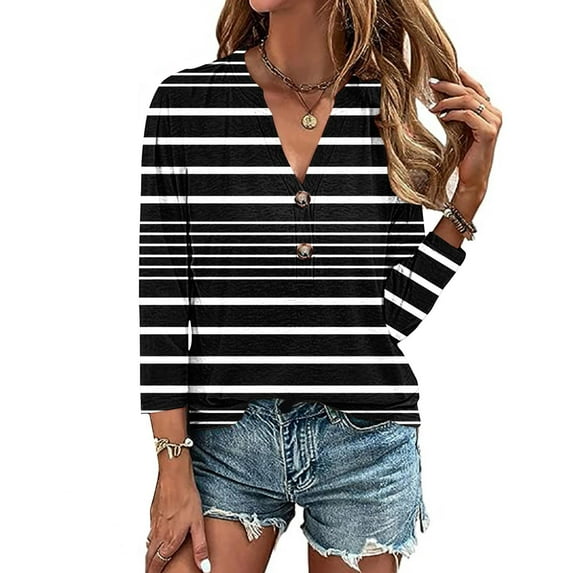 Fznquz Dressy Casual Cute Summer Tops for Women Striped Print 3/4 Sleeve Black Shirt Trendy V Neck Button up Women Blouse