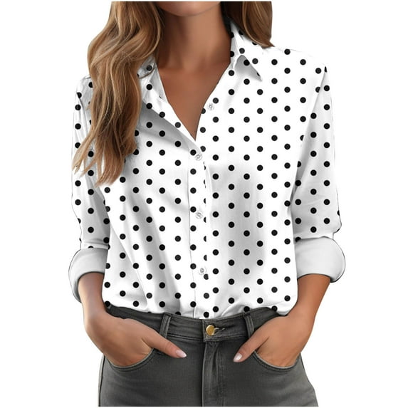 Fznquz Dressy Casual Ladies Blouses Work White Button Up Shirts Collared Long Sleeve Polka Dot Womens Oversized Tee Shirts