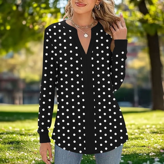 Fznquz Dressy Casual Tee Shirts Womens V Neck Polka Dot Print Black Blouse Formal 2026 Long Sleeve Womens Tee,S