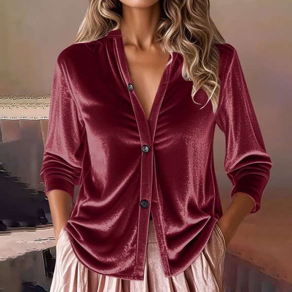 Fznquz Dressy Casual Women Cardigans Lightweight Velvet Button Down Cardigans Trendy Long Sleeve Sweater Red Tops