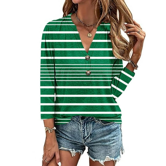 Fznquz Dressy Casual Women Tops Summer 3/4 Sleeve Striped Print Green T Shirt Trendy V Neck Button up Blouses