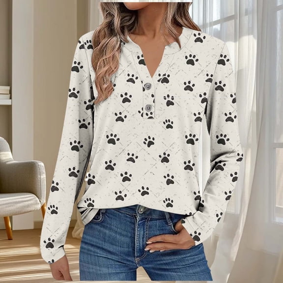 Fznquz Dressy Casual Womens Oversized Tee Shirts White Plus Size Animal Print Blouse V Neck Long Sleeve Button Clothes Women,XXXL