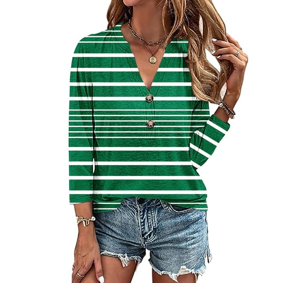 Fznquz Dressy Casual Womens Plus Size Tops Striped Print Green 3/4 Sleeve T Shirts for Women Trendy V Neck Button up Women’S Blouses