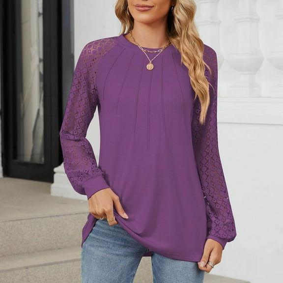 Fznquz Dressy Ladies Blouse Purple Long Sleeve Lace Blouses Crew Neck Pleated Work Tops Womens S