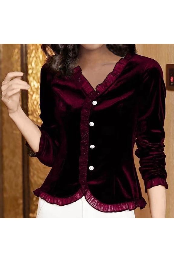 Dressy Womens Blouses Casual Velvet Long Sleeve Shirt Red Button Peplum Night Out Fall Womens Fashion