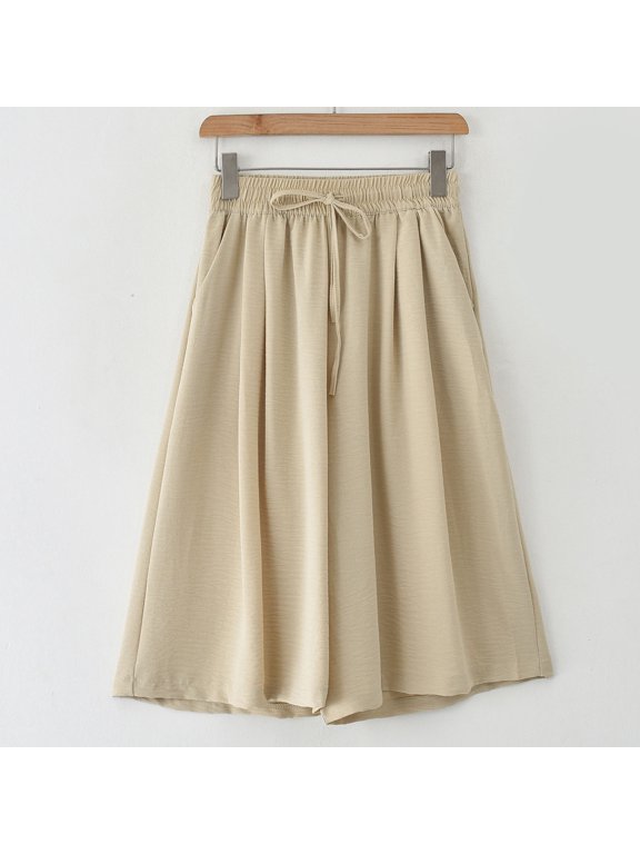 Elastic Waist Pull On Pants for Women Casual Cropped Pants Yellow Wide Leg Flowy Drawstring Trouser XL