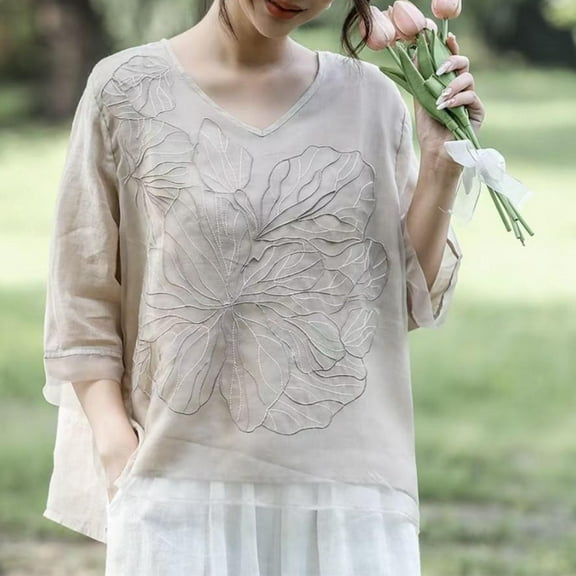 Fznquz Elbow Length Tunic Tops for Women Loose Fit Dressy Casual Tunic White Shirts Embroidered V Neck Fashion Womens Blouses